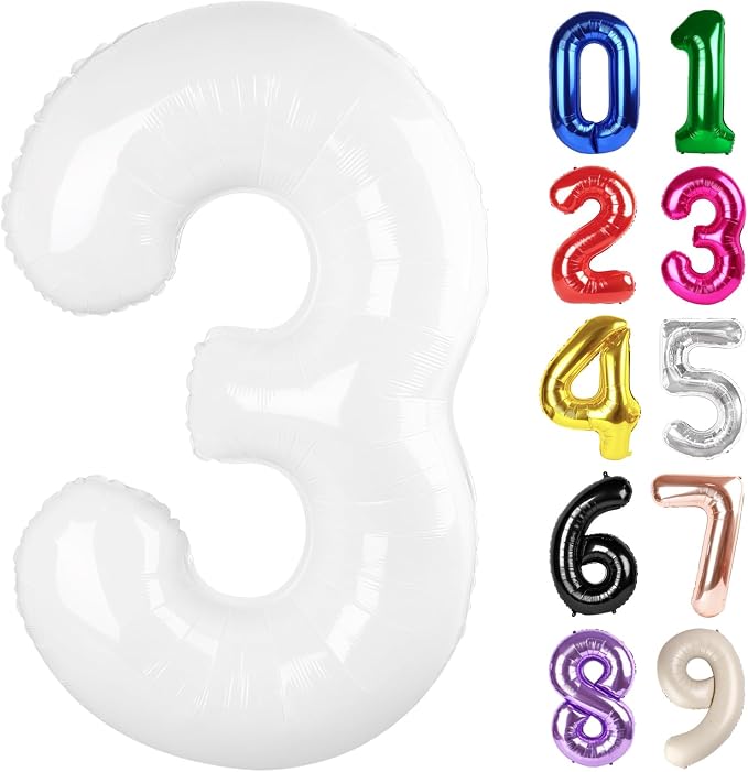 3 Balloon - White Birthday Number Balloons, 40 Inch Decorations Men Women | by ALPHADELTAPI