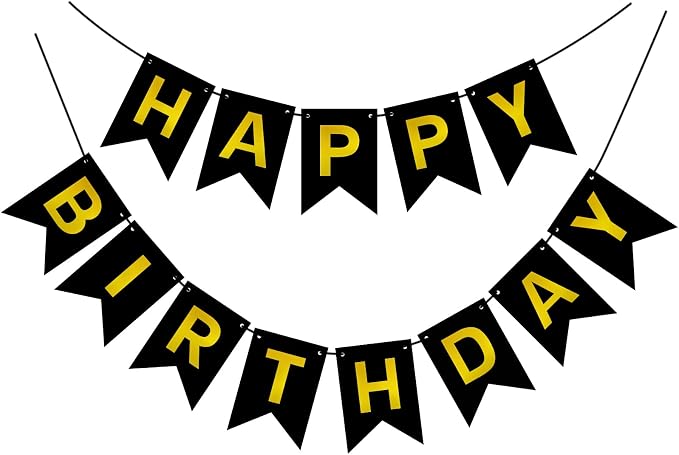 Pre-Strung Black and Gold Happy Birthday Banner Sign by PatiCool