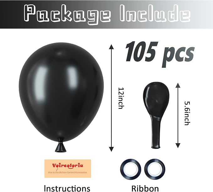 Voircoloria 105pcs Black Party Latex Balloons, 12inch | - Image 2