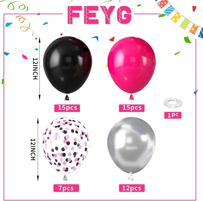 Hot Pink and Black Balloons, for Girls Wedding Bridal Shower Birthday Party - Image 2