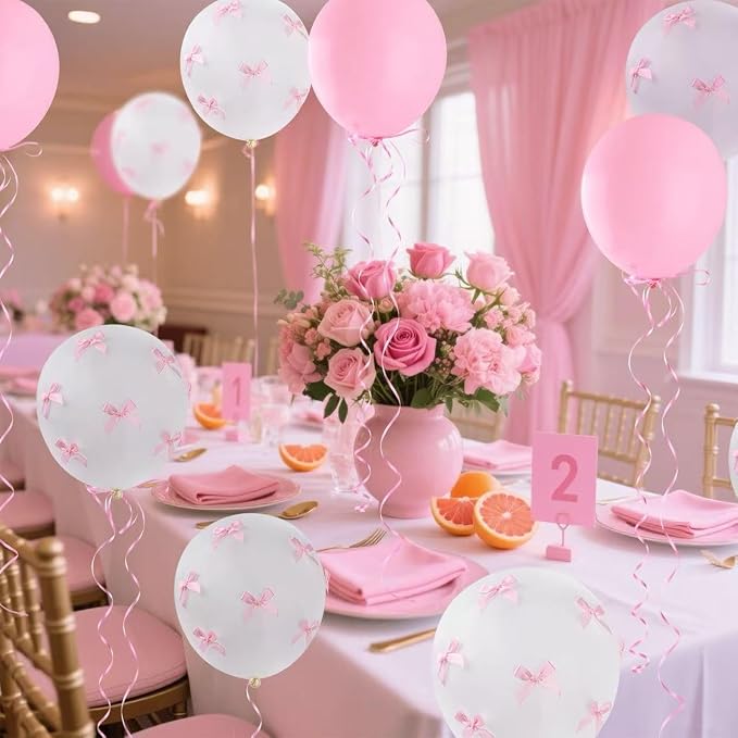 Pink Bow Balloons，32Pcs White Pink Balloons & 100Pcs Mini Ribbon Bows DIY Bow - Image 2