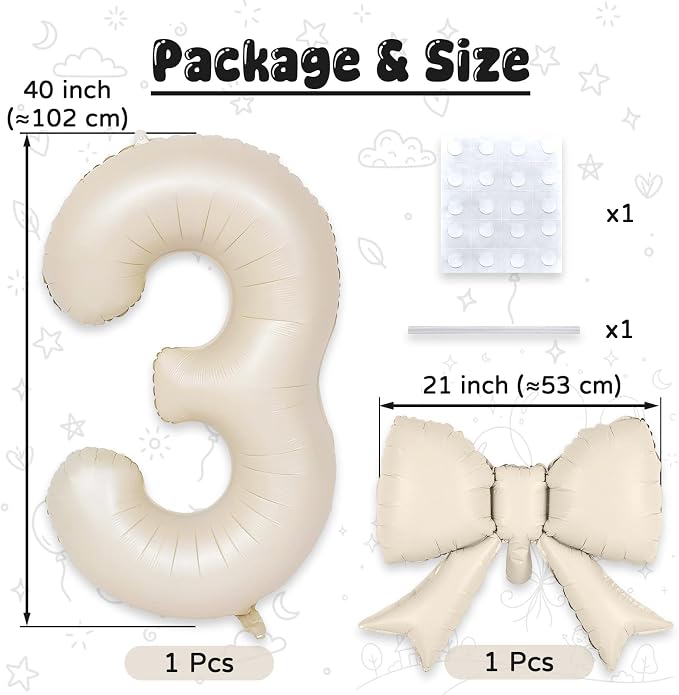 40 Inch Cream Number 3 with Bow Balloons, Giant Self Inflating Beige Foil - Image 2