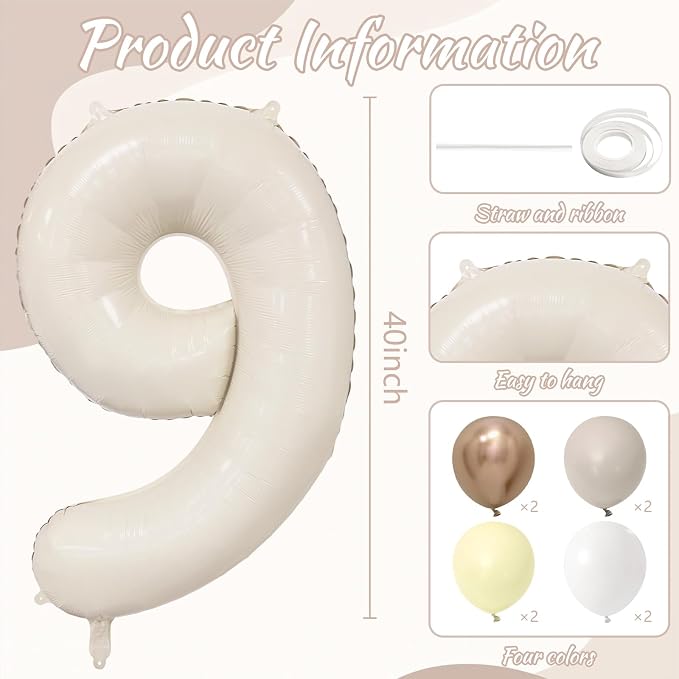 Cream Number 9 Balloon 40 Inch Beige Nude Number 9 Balloon - Image 6
