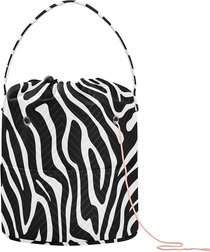 White Black Zebra Print Yarn Bag Small Crochet Bag Drawstring Yarn Storage by Tatenale