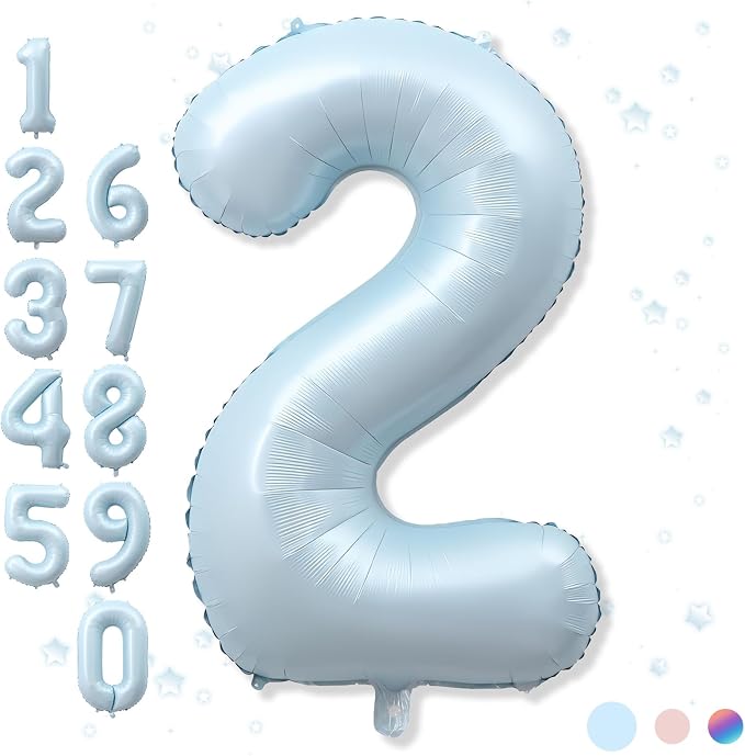 40 Inch 2 Balloon Number, Large Pastel Baby Matte Blue Foil Number 2 Balloons by Froova