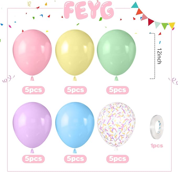 Pastel Balloons, 12 Inch Macaron Pink Blue Purple Green Yellow Ice Cream - Image 2