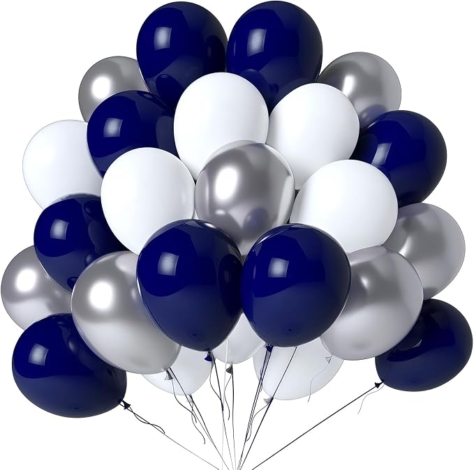 Navy Blue White and Silver Balloons 100 Pack 12 Inch White and Silver Metallic by LYNSP