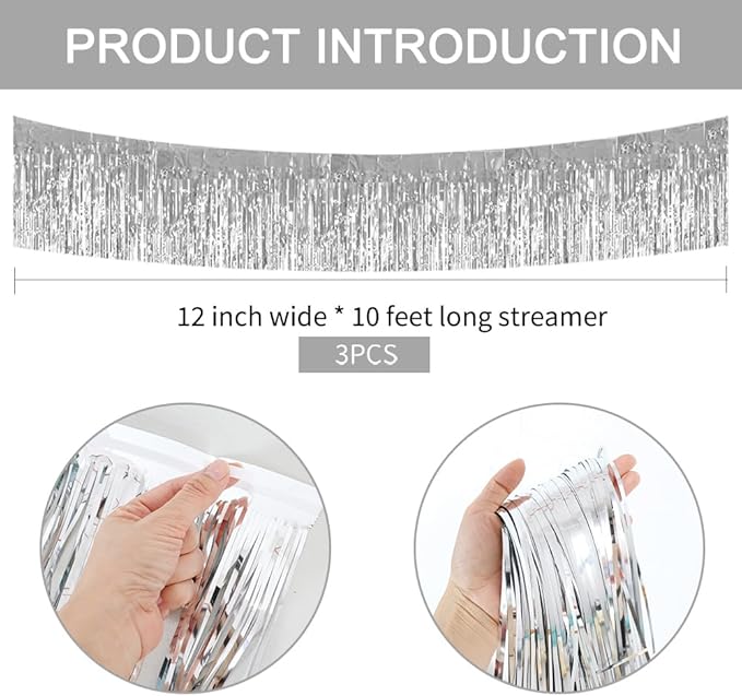 BEISHIDA Silver Fringe Garland Banner 3Pack 30ft Wall Tinsel Foil Streamers | - Image 2