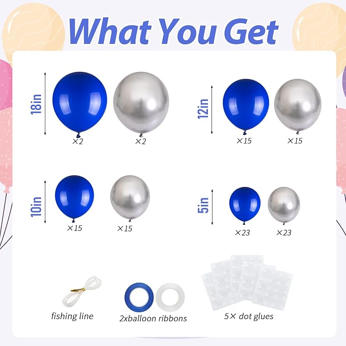 110pcs Royal Blue and Metallic Silver Balloons, 18/12/10/5 Inch Balloons | - Image 3