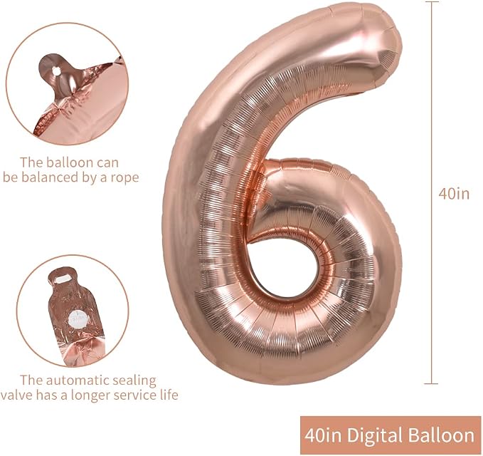 TONIFUL 40 Inch Rose Gold Large Numbers Balloons 0-9, Number 6 Digital 6 Helium - Image 2