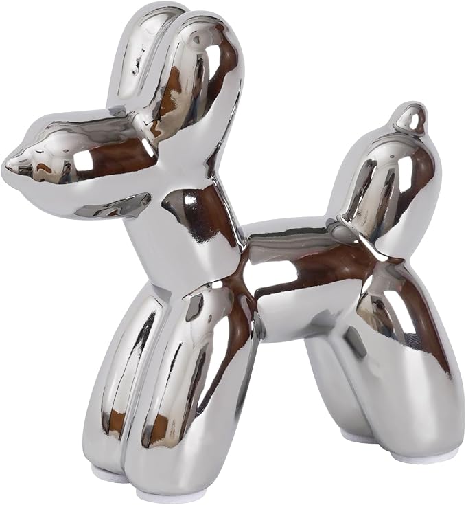 Notakia Silver Balloon Dog Ceramic Statue, Handmade Small Modern Animal Figurine by Notakia