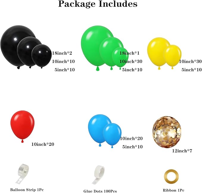 160Pcs Red Blue Yellow Green Black Balloon Garland Arch Kit | Latex Balloons - Image 2