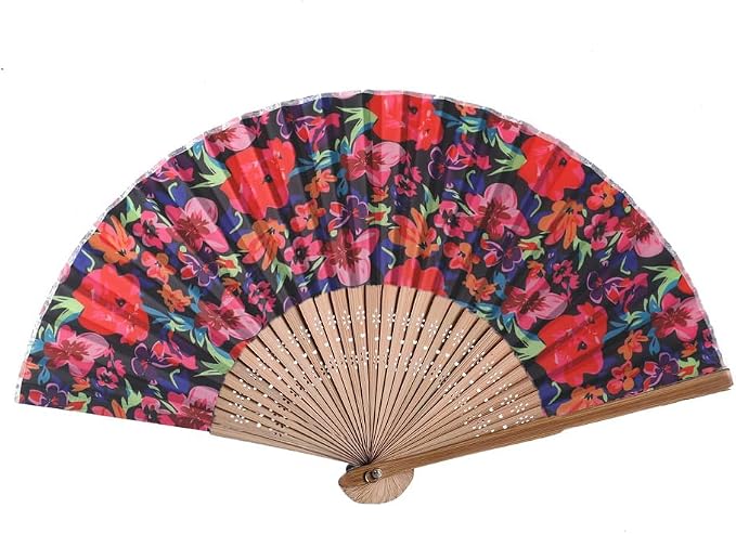 Folding Fan with Beautiful Fabric Printed BlackFlower creme by Salutto