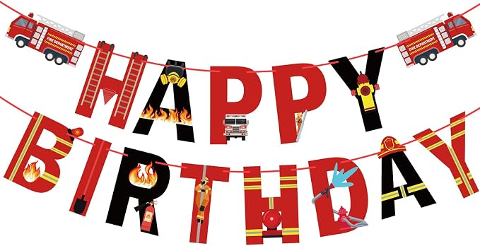 Fire Truck Happy Birthday Banner Fire Engine Rescue Party Sign Firetruck by Adecortalk