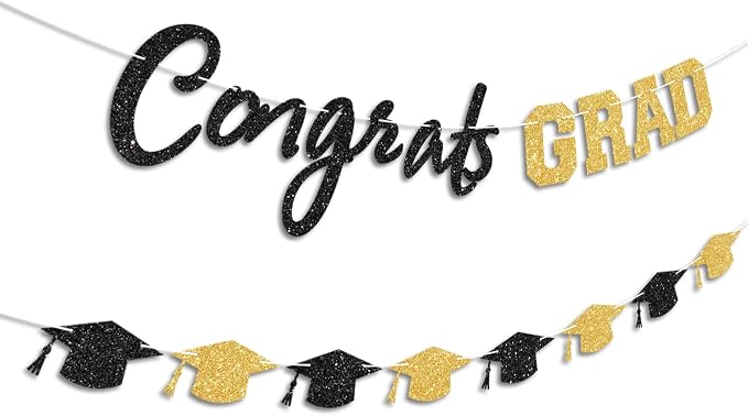 Prestrung Congrats Grad Banner Black and Gold Graduation Banner - Image 2