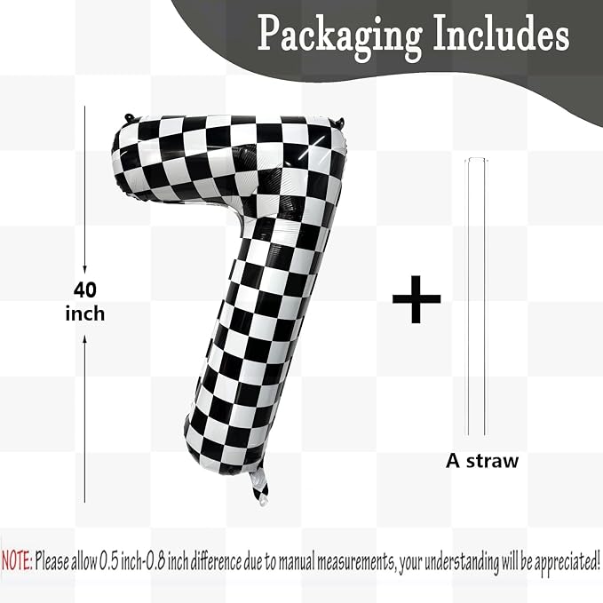 40 Inch Checkered Number Balloon 7 Black and White Number 7 Balloon Foil Helium - Image 2