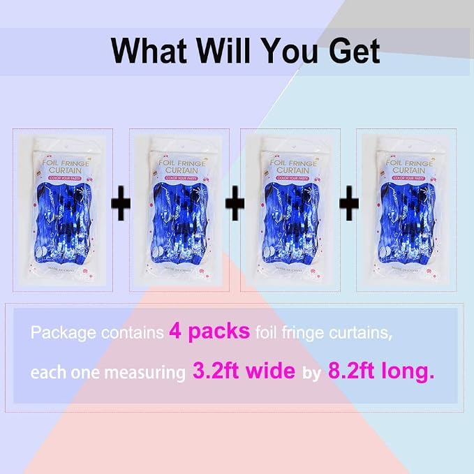 Blue Foil Fringe Curtain- 4 Pack of 3.2x8.2ft Blue Streamers Backdrop Curtains - Image 2