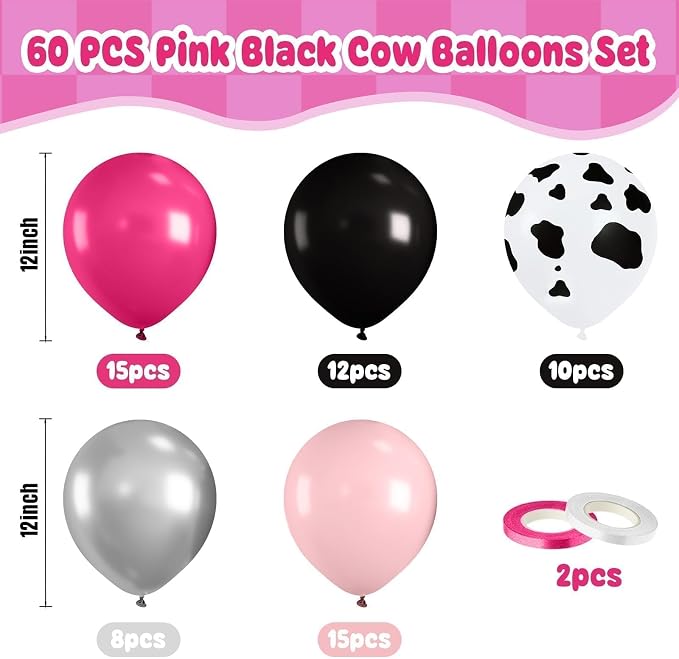 Cow Printed Balloons Pink and Black, Metallic Silver Pastel Hot Pink Black - Image 3