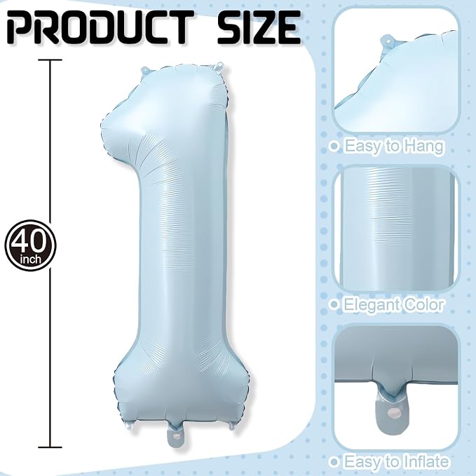 Big Number 1 Balloons, Light Matte Sky Blue Foil 1 Balloon Numbers 40 Inch - Image 2