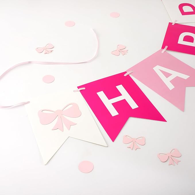 Pink Bow Birthday Banner, Pre-Strung Coquette Party Decorations - Image 3