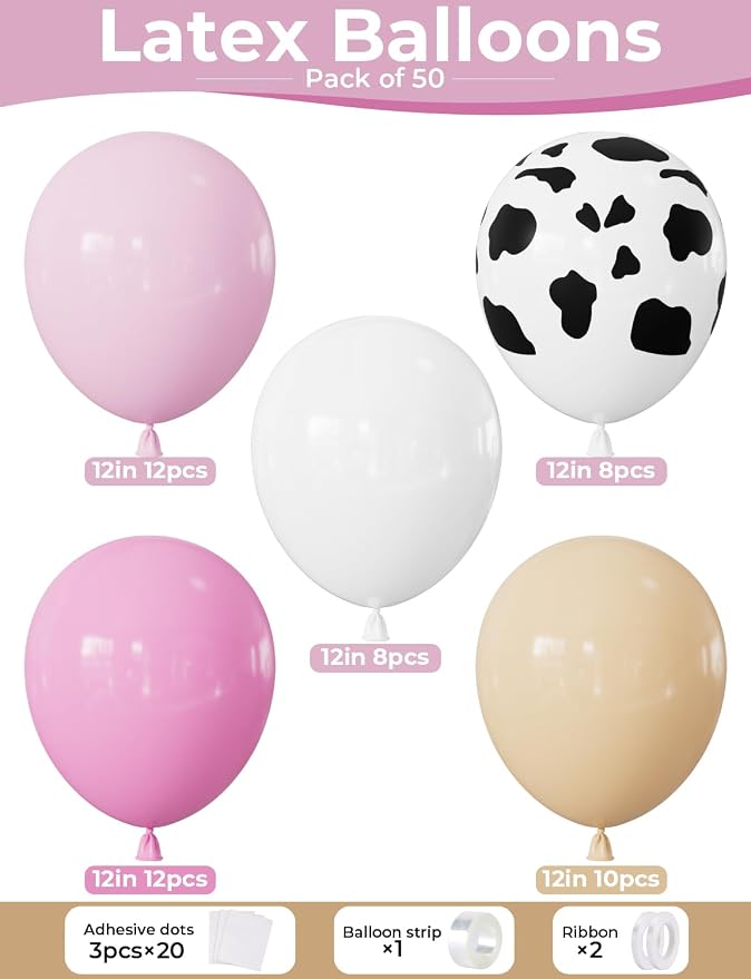 Cow Print Balloons, Pastel Pink, Nude & White Latex Balloon - Image 5