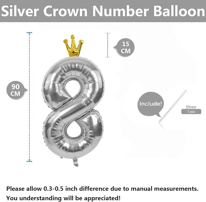 Silver Number 8 Balloon with Crown, 40 inch Silver Number Balloon 8th Birthday - Image 2