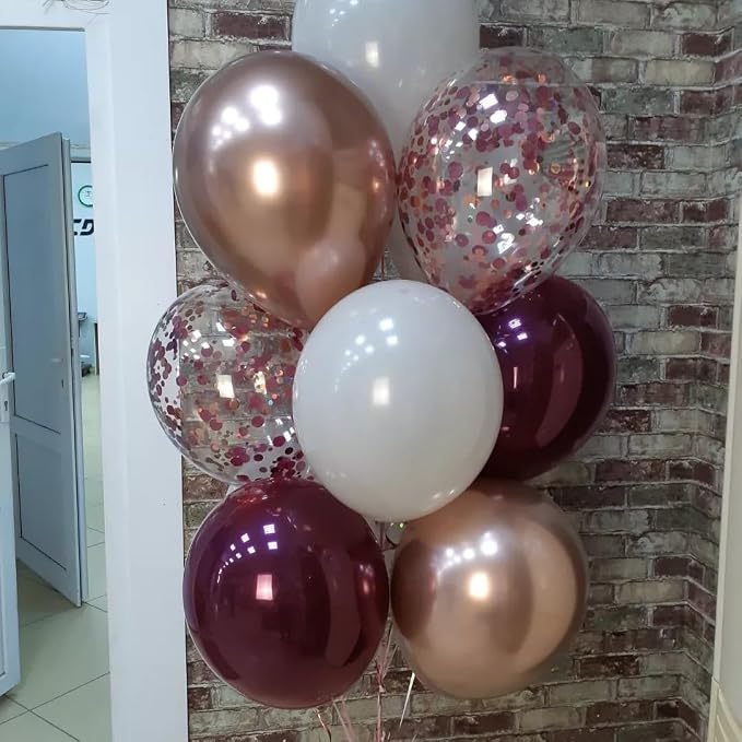 Burgundy Red Balloons, Wine Red and Rose Gold Confetti Balloon - Image 4
