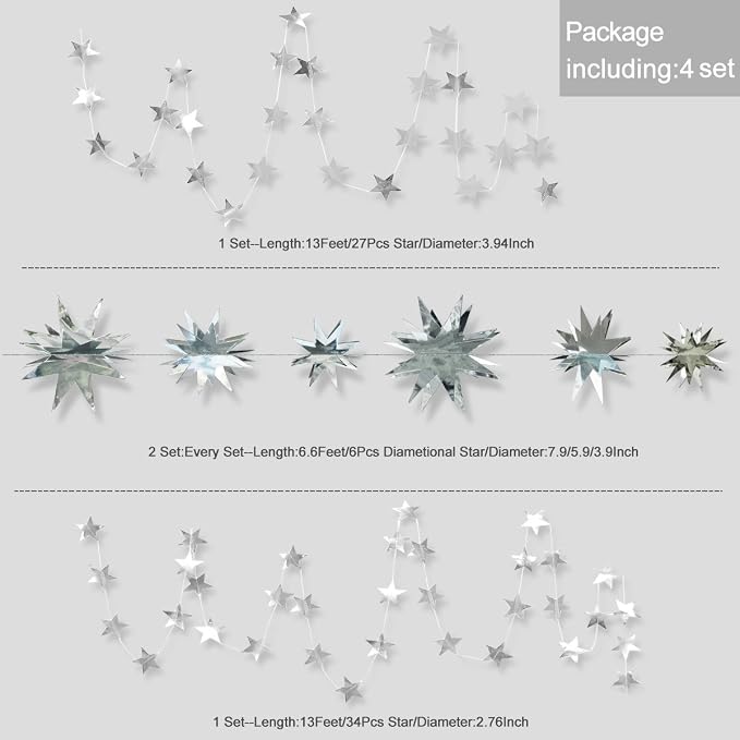 pinkblume Silver Star Garland Party Decorations Kit 3D Stars Metallic Bunting - Image 2