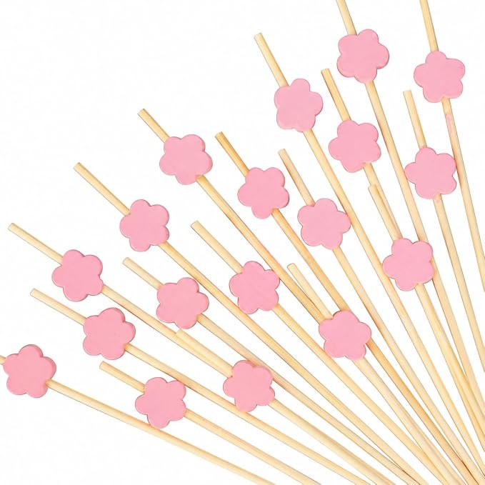 100Pcs 4.7" Pink Flower Cocktail Picks, Bamboo Toothpicks Appetizer Skewers | by Barfroee