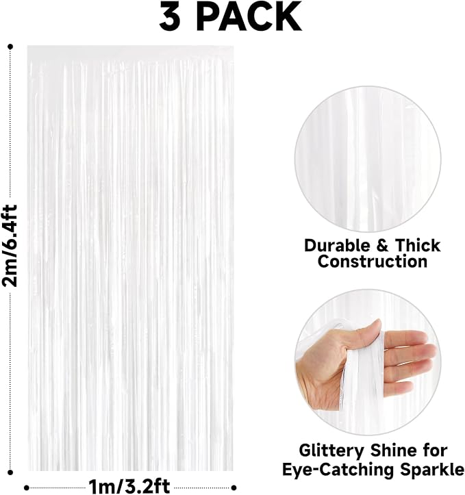 jijAcraft White Tinsel Foil Fringe Curtain, 3 Pack 3.2x6.5 Feet Metallic White - Image 2
