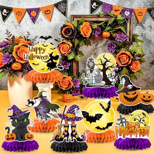 12Pcs Halloween Party Decorations Halloween Honeycomb Centerpieces for Table Double Side Spooky Witches Pumpkins Ghosts Table Centerpieces for Halloween Party Home Indoor Office Supplies Decorations - Image 5