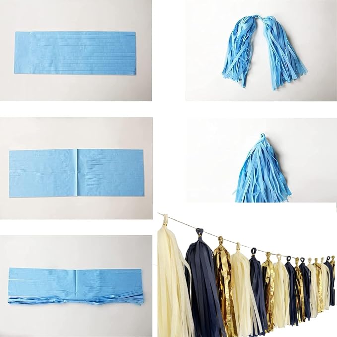 15 PCS Navy Blue Gold Mylar Tassels Garland Tissue Paper Tassels Banner DIY Kit - Image 4