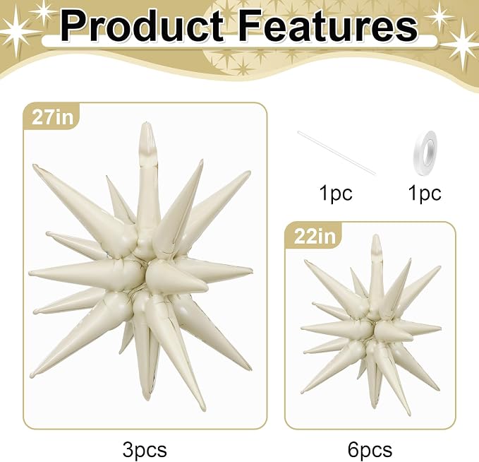 9Pcs Cream White Star Balloons, Large Explosion Star Foil Balloons, Cone Mylar - Image 2