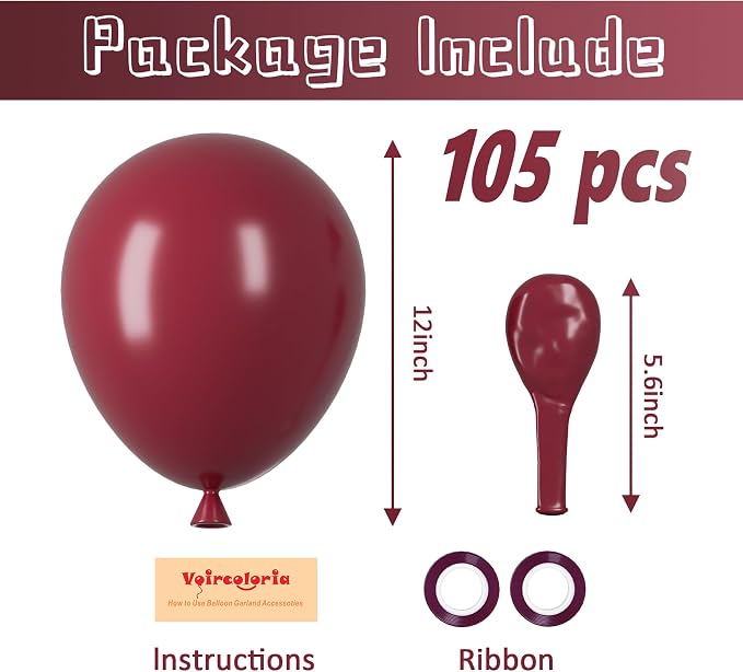 Voircoloria 105pcs Burgundy Maroon Party Latex Balloons, 12inch | - Image 2