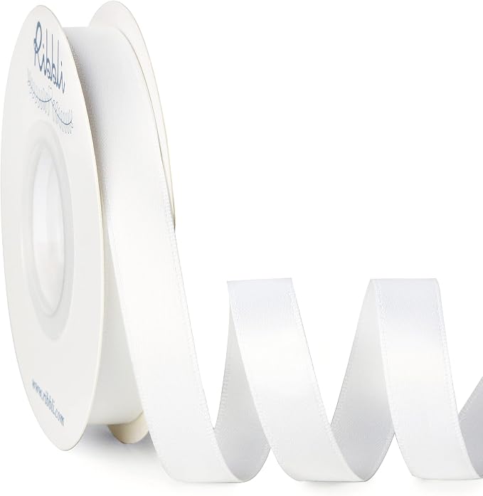 Ribbli Double Faced White Satin Ribbon, 1/2” x Continuous 25 Yards, Use by Ribbli