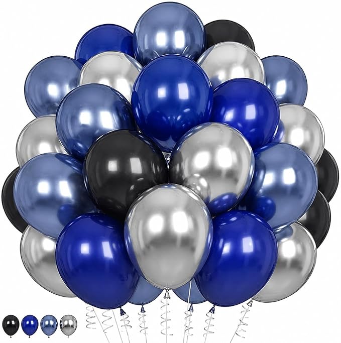 Navy Blue and Black Balloons, 12 Inch Metallic Dark Navy Blue and Silver by Froova