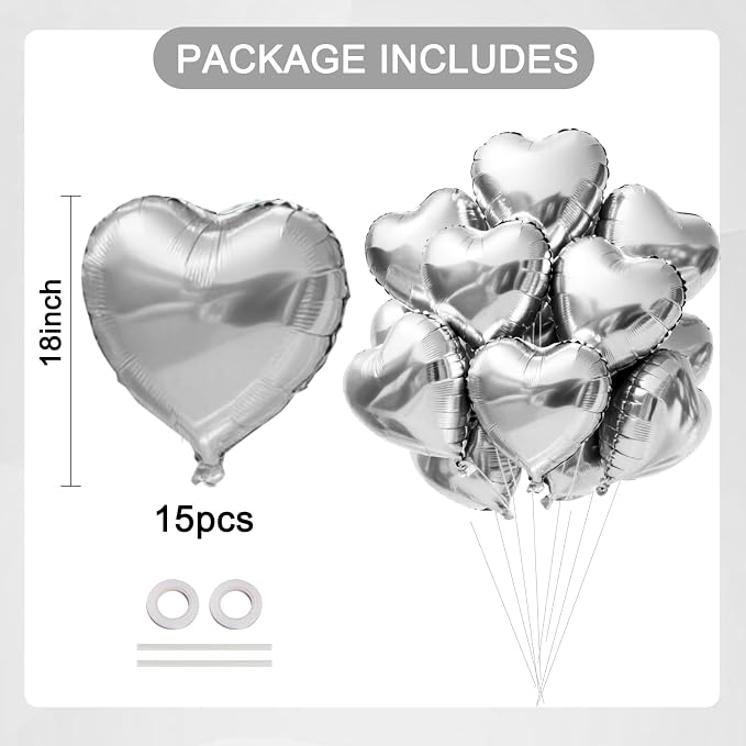 TONIFUL 15 Pcs Silver Heart Balloons 18 Inch Heart Shape Foil Mylar Balloon | - Image 2