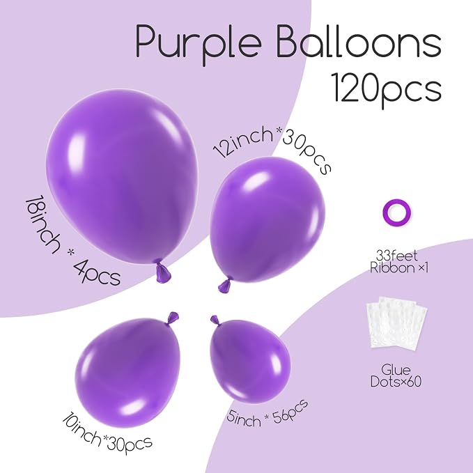 Awenztech 122pcs Purple Latex Balloons in 18 12 10 5 inches | Birthday - Image 2