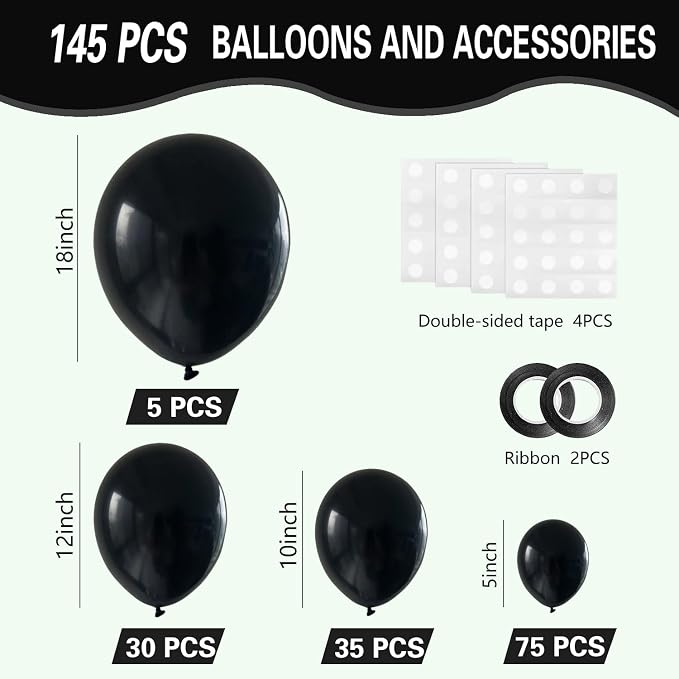 Black Balloons 145pcs Different Sizes 5in 10in 12in 18in Shiny Metallic Black - Image 2