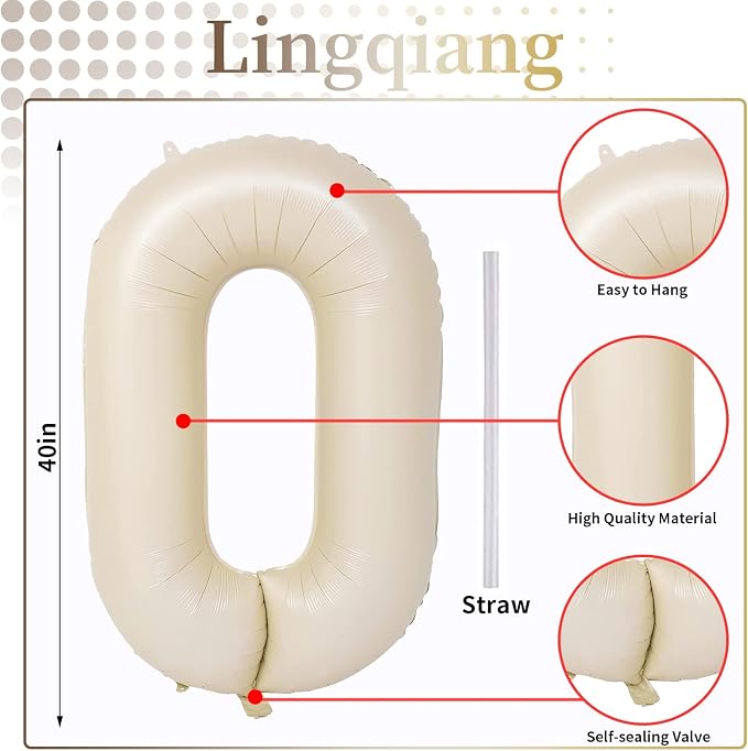 Cream 10 Balloon Numbers for 10th Birthday Decorations, 40 Inch Beige Helium - Image 2