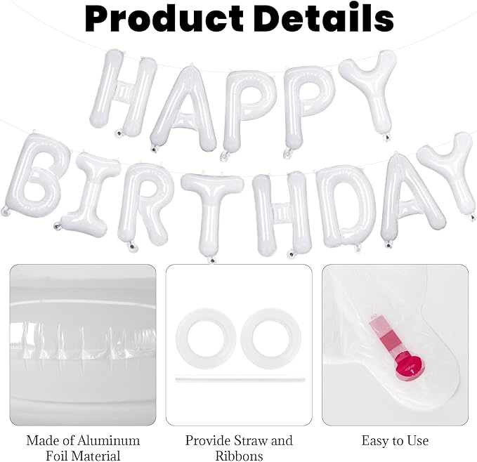 65 Pcs White Happy Birthday Balloons, 2 Sets A-Z White Letters Foil Balloons - Image 5