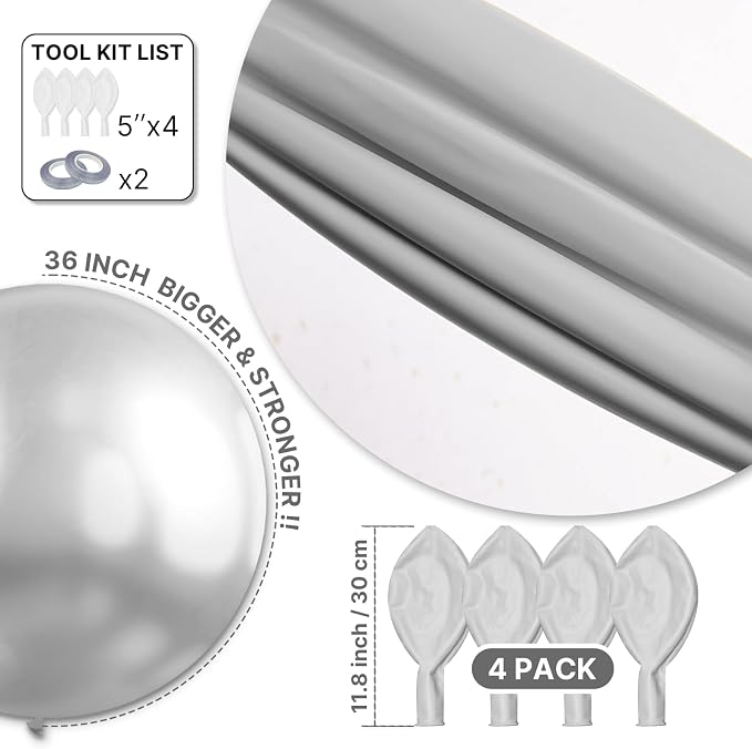 PartyWoo Metallic Silver Balloons 4pcs Chrome Silver Color 36 Inch | Balloons - Image 6