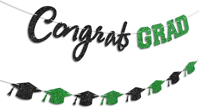 Prestrung Congrats Grad Banner Green and Black Graduation Banner - Image 2