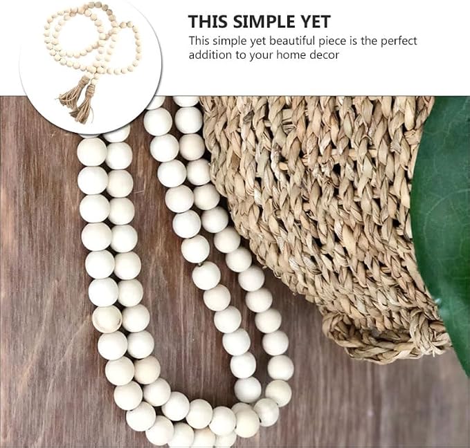 IMIKEYA Wood Bead Garland with Tassels 57In Natural Rustic Farmhouse Decor - Image 4