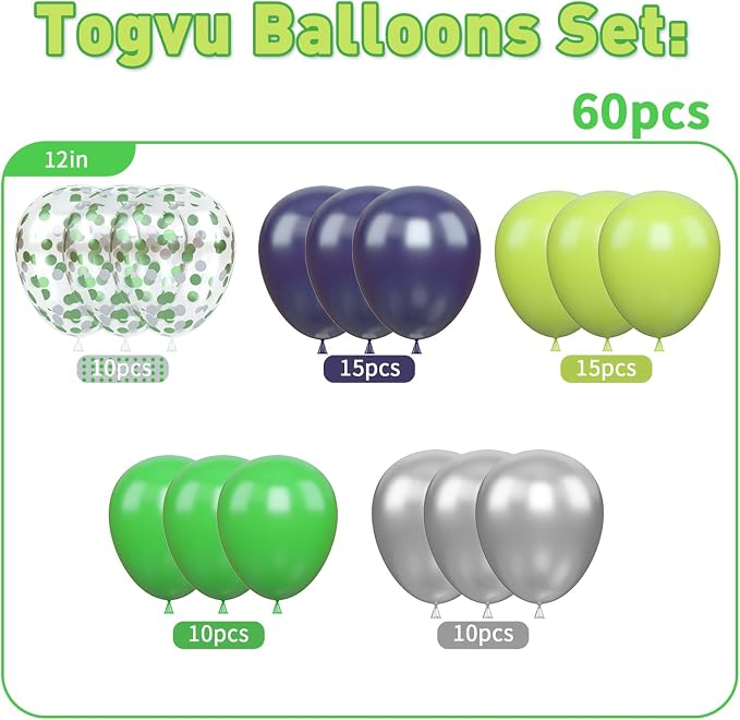 60 Pcs Navy Blue Matte Light Green Silver Latex Party Balloons - Image 2
