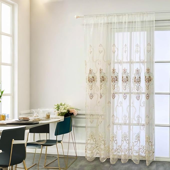 1pc Luxury Embroidered Floral Sheer Tulle Curtain - Image 2