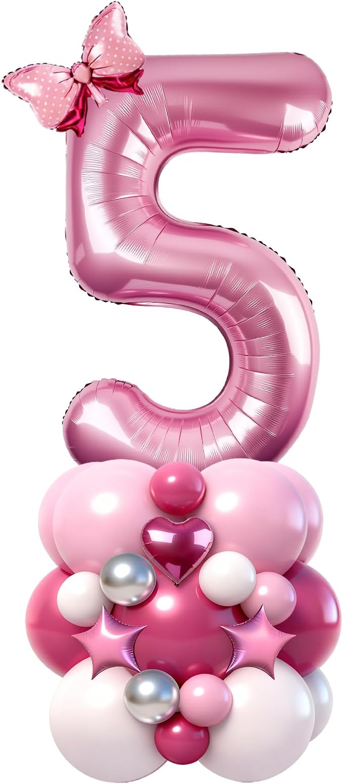 40 Inch Pink Number 5 Balloon Tower Set, Pastel Number Five Foil Balloon by Unknown