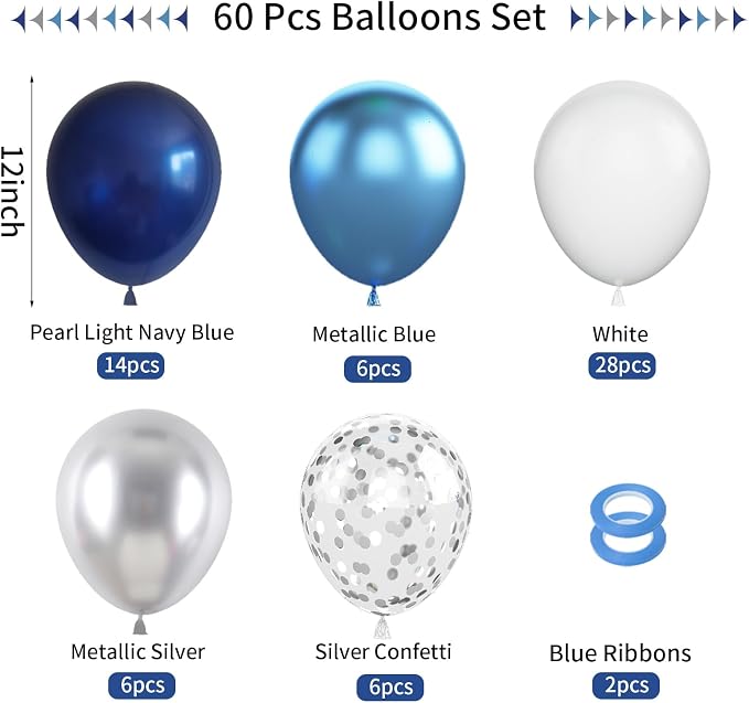 Navy Blue Silver Balloons, Metallic Silver, Boys Men Sports Graduation Baby - Image 2