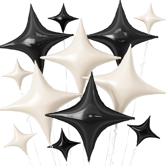 Black White Star Balloons, 26Inch and 10Inch Black Cream White Quadrangle by Adorely