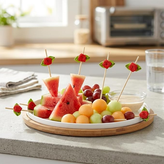 100PCS 4.7" Flower Cocktail Picks, Ribbon Rose Toothpicks Appetizer Skewers | - Image 5